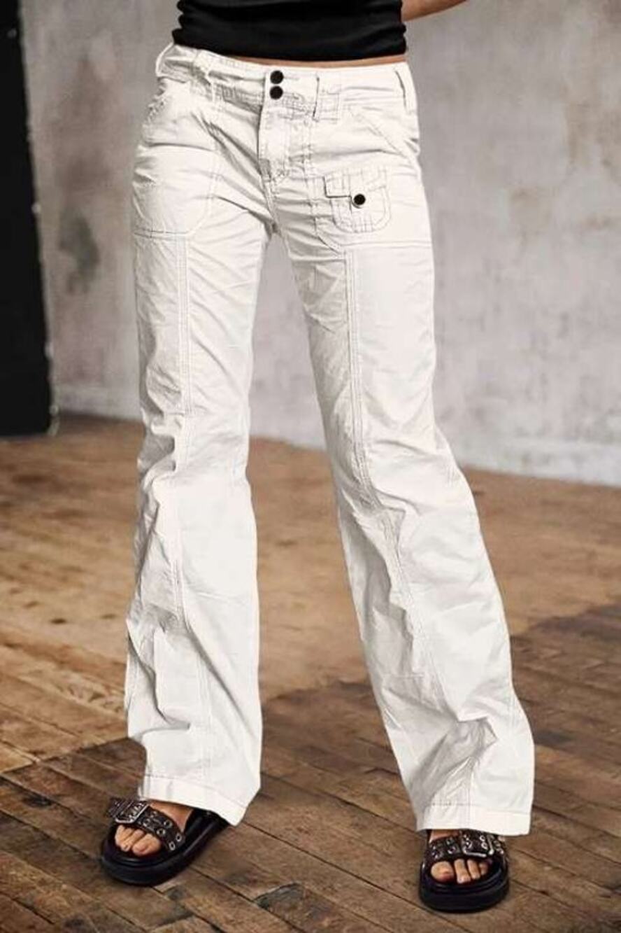 Flamingals M Women Straight Leg Pants Mid Rise Front Patch Pocket White NWT